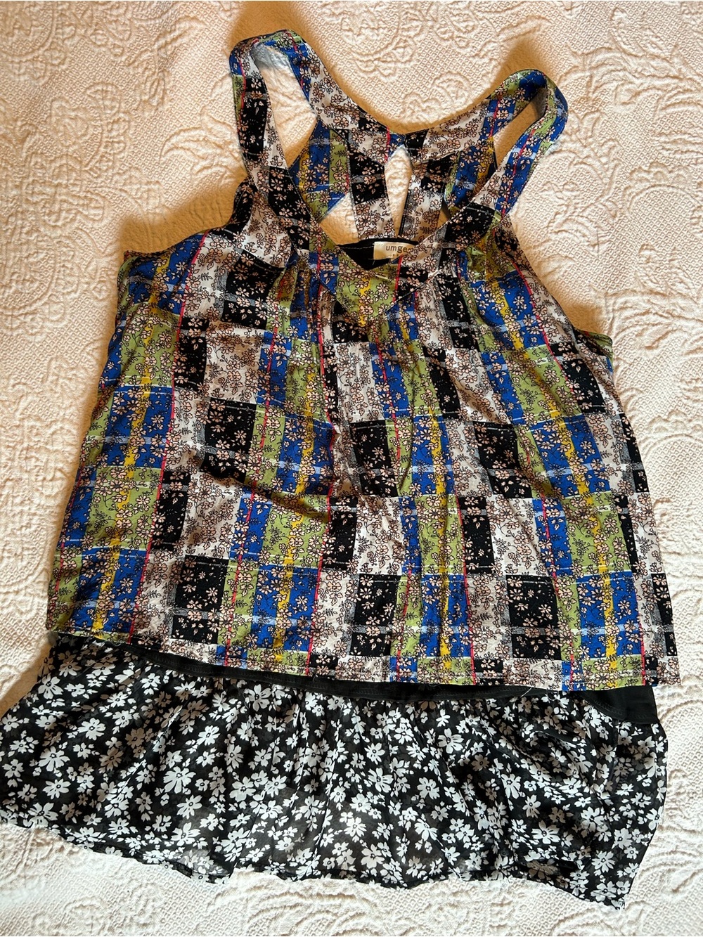 Umgee Black, Blue, Green Floral Patchwork Tank